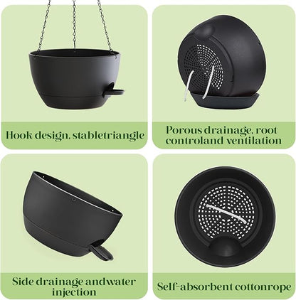10 Inch Hanging Planters with Chains 2 Pack Self Watering Black Plastic Hanging Pots for Indoor Outdoor Plants, Garden Porch Home Decor (Black)
