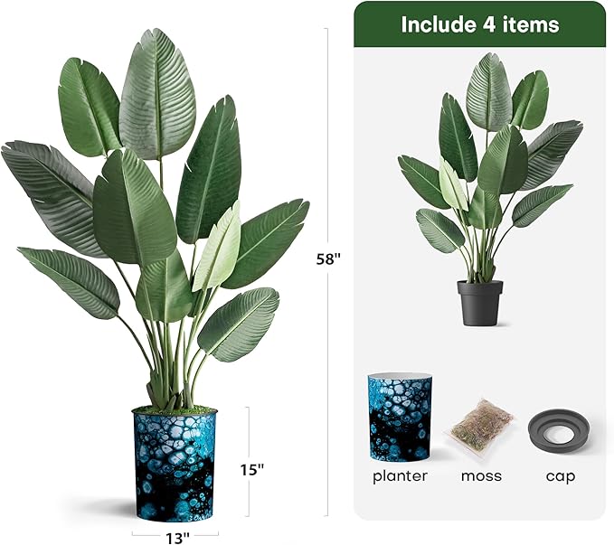 Artificial Tree in Blue & Black Bubble Modern Planter, Fake Bird of Paradise Silk Trees for Indoor and Outdoor Home Decoration - 58" Overall Tall (Plant Pot Plus Tree)