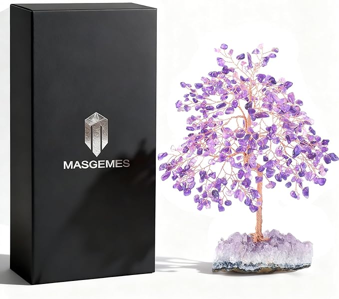 Natural Gemstone(406 Stone Count) Amethyst Crystal Tree of Life,Chakra Balancing Positive Enegy Fengshui Decor Bonsai Money Tree,Good Luck Spiritual Gift Height 8.5-9 Inches
