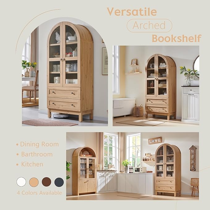71" Tall Arched Bookshelf, 4-Tier Bookcase with Glass Doors and Shelves, Wooden Display Cabinet w/2 Large Storage Drawers, Modern Farmhouse Versatile Bookshelf for Living Room, Bedroom, Natrual