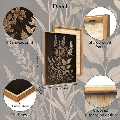 HLNIUC Vintage Botanical Fern Framed Canvas Wall Art Set,Black and Tan Plant Leaves Wall Decor,Modern Farmhouse Art Print,Neutral Minimalist Herb Floral Wall Painting for Living Room,Office - 24”x36”3
