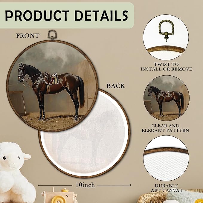 cvjutf Vintage Horse Wall Art Decor Framed, Horse Lover Gifts for Women, Hunting Equestrian Western Horses Round Wall Decor, Rustic Antique Canvas Prints Art for Home Bedroom Living Room, 10x10 Inch