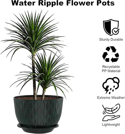 10 inch Large Plant Pots, Flower Pots with Multi-Mesh Drainage Holes and Saucer, Plastic Planters for Indoor and Outdoor Garden Plants (Black with Green Speckles, 10")