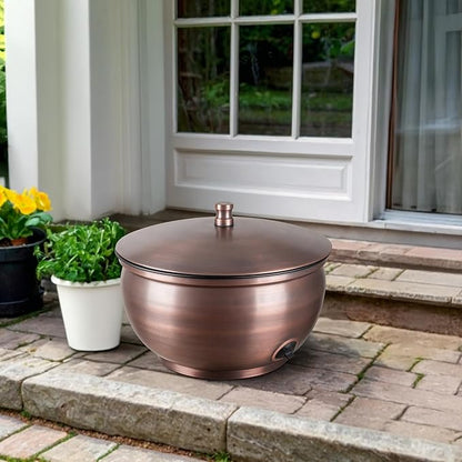 Monarch Abode Garden Hose Holder with Lid – Decorative Water Hose Holders for Outside, Smooth Metal Antique Copper Pot with Drainage, 100ft Waterhose Holder for Outside, Garden Storage Caddy