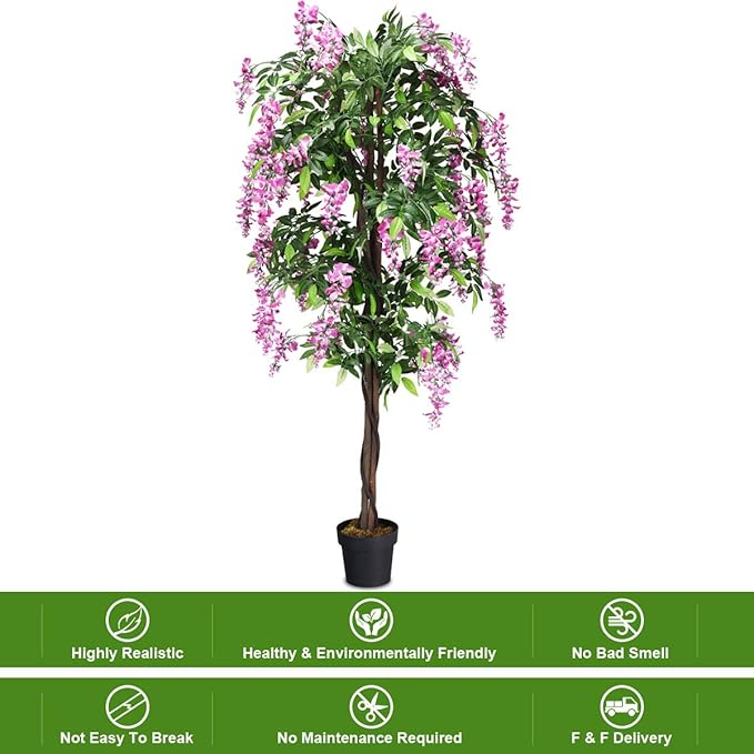 Goplus 6FT Ficus Artificial Tree, Fake Wisteria Tree in Nursery Pot, Greenery Faux Floor Plant, Tall Artificial Plants for Indoor Outdoor Bedroom Living Room Decor
