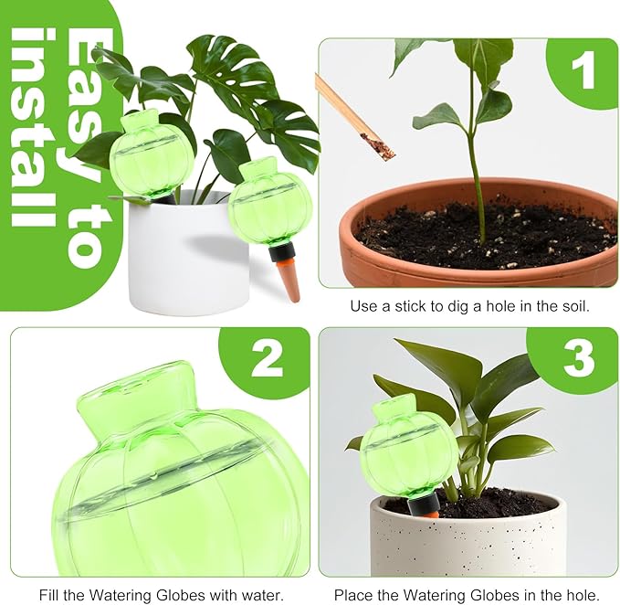 4 Pcs Plant Self Watering Globes, 17oz Large Plastic Water Bulbs Top Fill Watering Globes Slow Release Terracotta, Water Spikes Stakes for Indoor and Outdoor Plants (Green)