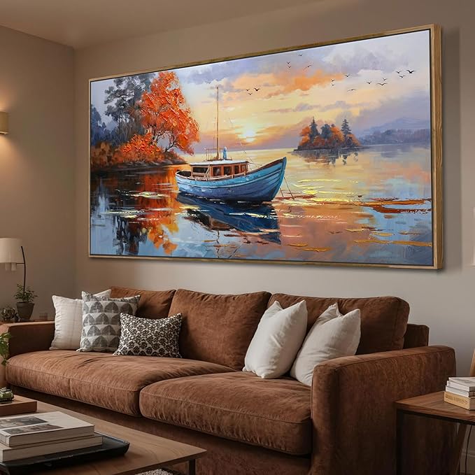 Brushart Ship Wall Art for Living Room, Large Canvas Wall Art Landscape Pictures Paintings Wall Decor Textured Artwork for Walls Bedroom Home Office, Framed 58"x29"