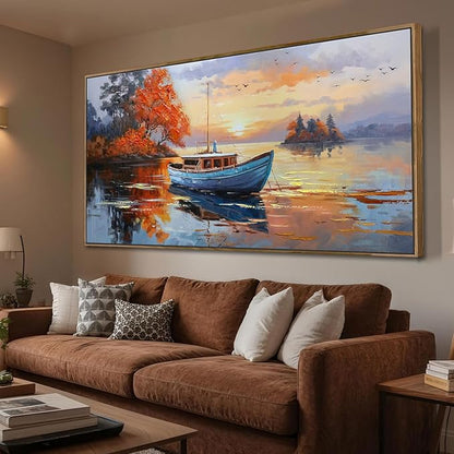 Brushart Ship Wall Art for Living Room, Large Canvas Wall Art Landscape Pictures Paintings Wall Decor Textured Artwork for Walls Bedroom Home Office, Framed 58"x29"