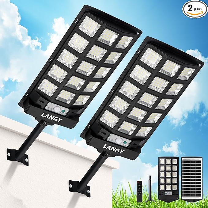 Solar Street Lights Outdoor,2 Pack Solar Lights Outdoor Waterproof Dusk to Dawn 60000LM 6500K Solar Flood Lights Motion Sensor with Remote Control, Commercial Area Lighting for Outside Parking Lot