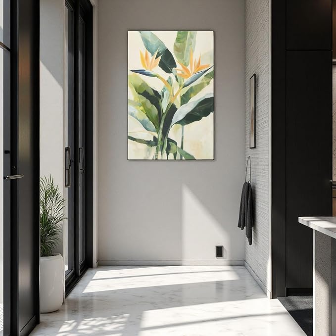 JolyWell Hand-paintd Botanical Canvas Wall Art Watercolor Green Leaf Tropical Plant Art Prints Boho Decor Bird of Paradise Flowers Leaf Wall Painting for Living Room Bedroom 24 x 36 IN