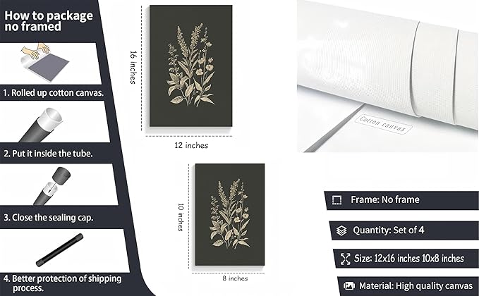 4Pcs Vintage Flowers And Plants Wall Art Dark Green Flower Painting Picture Flower Bouquet Wall Decor Minimalism Flowers Poster Print Artwork for Living Room Bedroom Home Decoration,Unframed