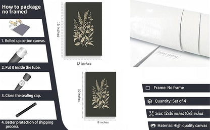 4Pcs Vintage Flowers And Plants Wall Art Dark Green Flower Painting Picture Flower Bouquet Wall Decor Minimalism Flowers Poster Print Artwork for Living Room Bedroom Home Decoration,Unframed