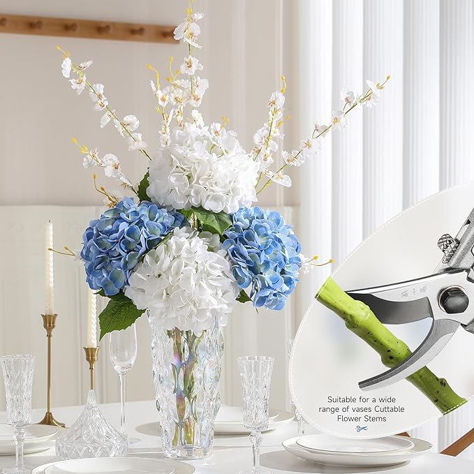 4Pcs Hydrangea Artificial Flowers, 22.44" Real Touch Latex Faux Hydrangea with Long Stems & Leaves for Home Office Decor or Wedding, Party, Centerpieces, Floral Arrangements (White&Blue)