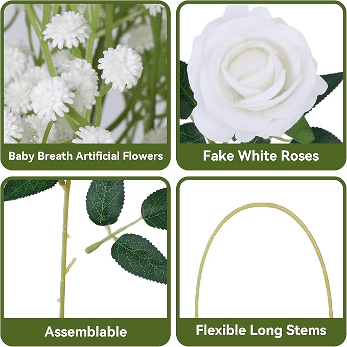 HyeFlora 35 PCS White Roses Artificial Flowers 15 PCS Fake Baby Breath Realistic Fake Flowers Bouquet with Stem for DIY Wedding Party Home Decoration Vase Tables Centerpieces Arrangements Gift for Her