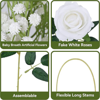 HyeFlora 35 PCS White Roses Artificial Flowers 15 PCS Fake Baby Breath Realistic Fake Flowers Bouquet with Stem for DIY Wedding Party Home Decoration Vase Tables Centerpieces Arrangements Gift for Her