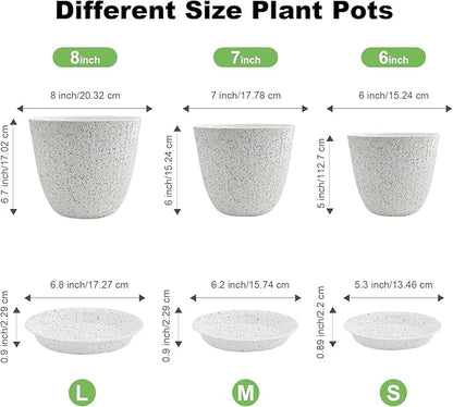 8/7/6 inch Plant Pots, 3 Pack Flower Pots for Outdoor Indoor Garden Plants, Large Planters with Multi Mesh Drainage Holes and Saucer (Speckled White, 8"+7"+6")