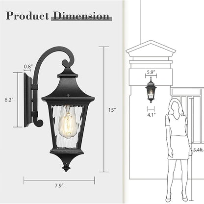 Emliviar 2-Pack Farmhouse Lantern Wall Sconces, 15" Wall Mount Outdoor Lights, Black Finish with Water Ripple Glass, XE292B-2PK-SW BK