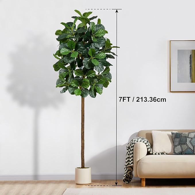 7FT Artificial Fiddle Leaf Fig Tree, Artificial Fig Tree Floor Plant with White Planter, Premium Silk Fake Plants for Living Room, Bedroom, Office, Home & Indoor Décor