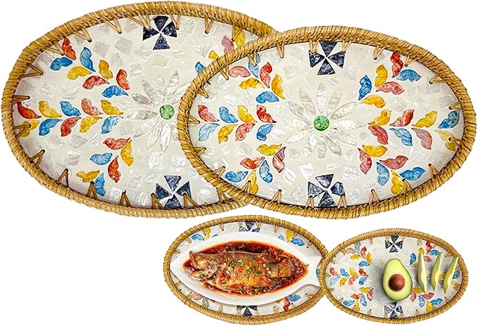 Oval Rattan Tray Bowls, 2 Pack Rattan Wicker Storage Bowls, Decorative Wicker Gift Basket for Serving Fruit Food Bread, Kitchen Counter Organizing