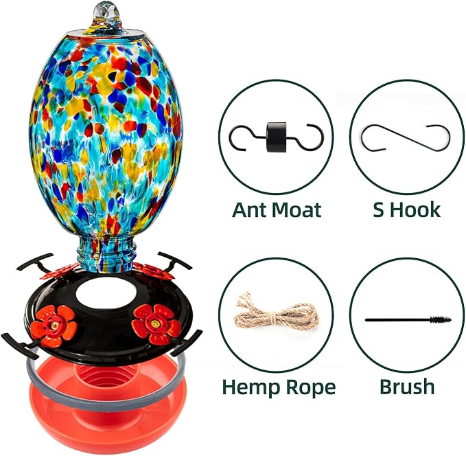 Muse Garden Glass Humming Bird Feeders for Outdoors - 27OZ Blown Glass Hummingbird Feeder - Unique Gift for Mom Women Grandparents, Outdoors Hanging Garden Decor, Ant Moat & Brush, Blue Polka Dots