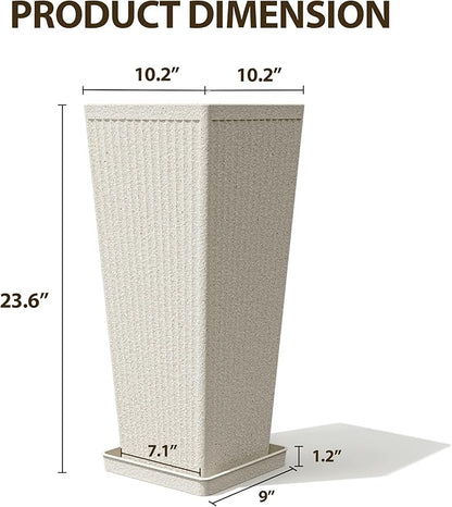 Tapered Tall Planters for Outdoor Plants 2 Pack- 23.6 Inch Heavy-Duty Classic Square Indoor Flower Pots with Drainage Holes/Partition/Tray, Large Outdoor Planters for Porch Patio, Beige