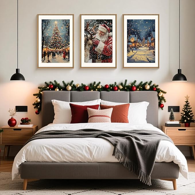 Aryroi Large Enchanting Christmas Framed Canvas Wall Art Set,Santa Claus Reindeer Wall Decor,Magical Glowing Christmas Tree Artwork,Winter Snowy Village Art Print for Living Room,Bedroom- 24"x36"x3