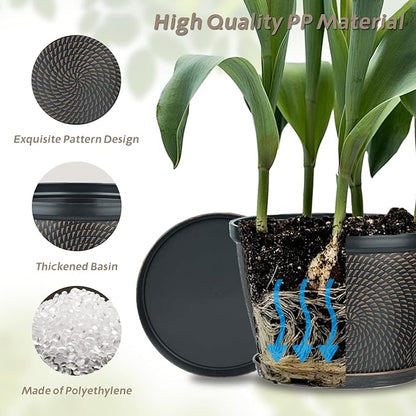 Quarut 12 Inch 4 Pack Large Plant Pots, Plastic Flower Pot for Indoor & Outdoor with Drainage Holes & Saucer, Circle Pattern Planters Garden Pots for Herbs