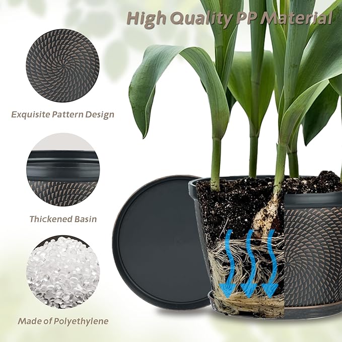Quarut 10 Inch Flower Pots for Outdoor Indoor, 3 Pack Plastic Plant Pots with Drainage Hole & Tray, Modern Decorative Garden Pot with Saucer, planters for House (Black Copper)