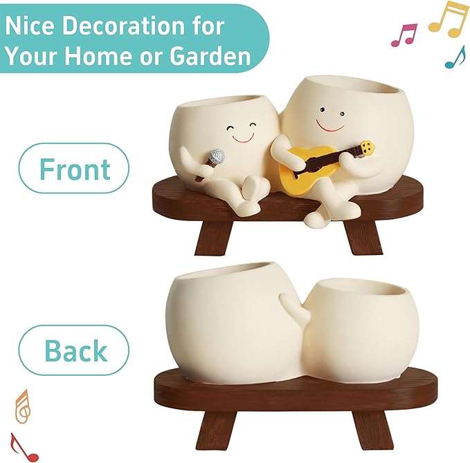 Smiley Face Planter Pot,Unique Double Head Guitar Singing Planter,with Drainage Hole Resin Cute Plant Pot,for Indoor Outdoor Plants