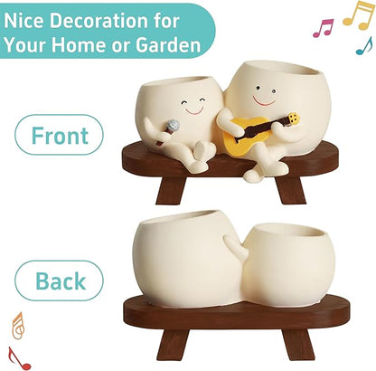 Smiley Face Planter Pot,Unique Double Head Guitar Singing Planter,with Drainage Hole Resin Cute Plant Pot,for Indoor Outdoor Plants
