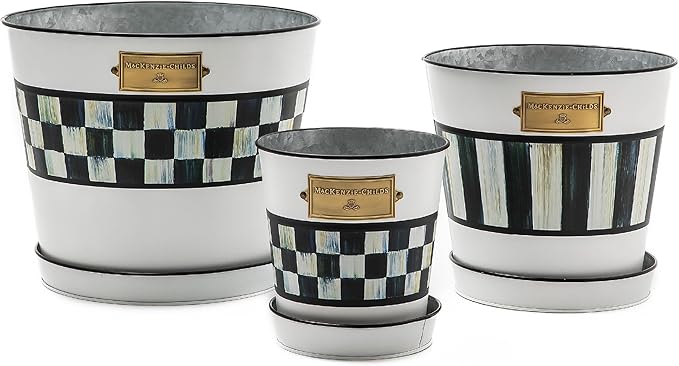 MACKENZIE-CHILDS Galvanized Flowerpots and Saucers, Set of 3, Black-and-White Spectator