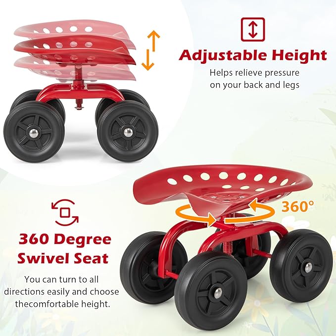Goplus Garden Cart with Wheels, Utility Stool Cart w/Adjustable 360 Degree Swivel Seat, Outdoor Lawn Yard Rolling Work Seat, Garden Scooter for Planting (Red)