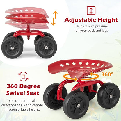Goplus Garden Cart with Wheels, Utility Stool Cart w/Adjustable 360 Degree Swivel Seat, Outdoor Lawn Yard Rolling Work Seat, Garden Scooter for Planting (Red)
