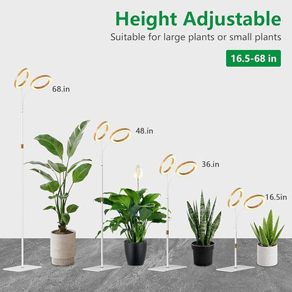 Dual Head Grow Light for Indoor Plants Full Spectrum - Floor Standing Plant Lamp with Auto Timer 6/12/18H, 5-Level Dimmable & Adjustable Height 16.5-68in for Large Tall Plants | Faux Wood Design