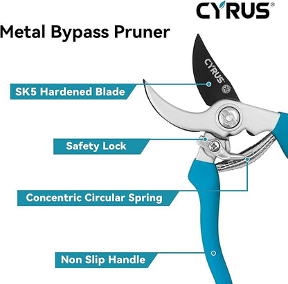 CYRUS Pruning Shears for Gardening 8" Pruners Trimming Scissors Non Stick Coating Blade with High Rebound Spring Effortless Pruning Scissors Widely Used for Gardening, Hydrology, Grow Tents