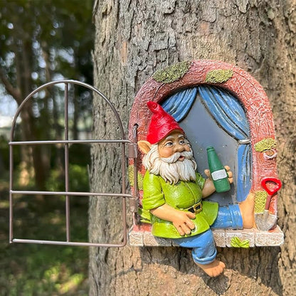 Garden Gnome Window Statue for Trees and Wall, Drinking Dwarf Fairy Garden Miniature Accessories, Patio Art Sculpture