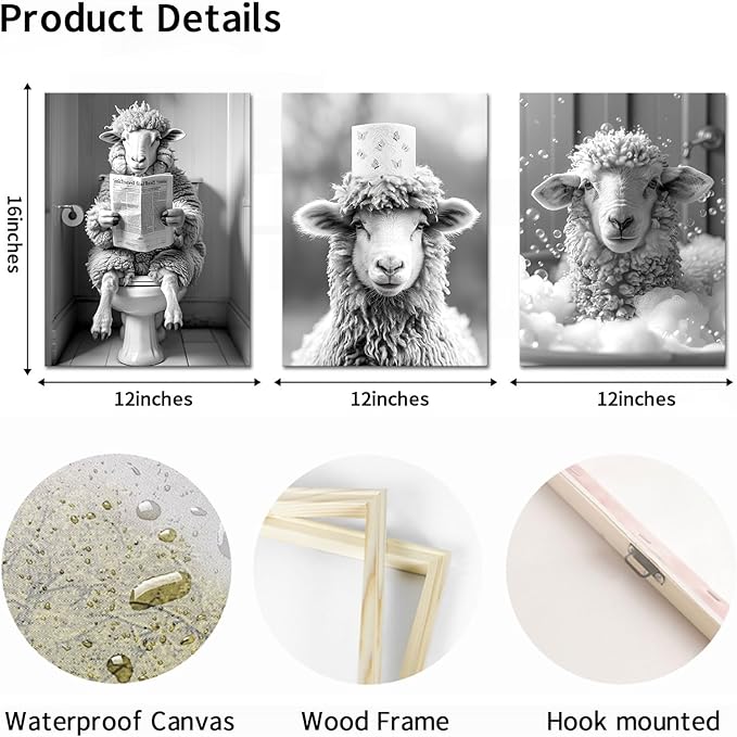 AoArtWZ Bathroom Sheep Canvas Wall Art Black and White Funny Animal on Closestool Bathtub Painting Picture Artwork Prints for Home Restroom Decor Framed 12"x16"x3 Pcs
