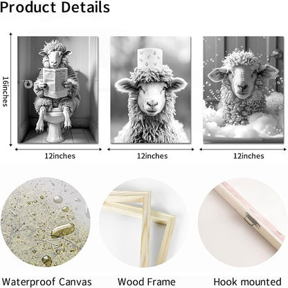 AoArtWZ Bathroom Sheep Canvas Wall Art Black and White Funny Animal on Closestool Bathtub Painting Picture Artwork Prints for Home Restroom Decor Framed 12"x16"x3 Pcs
