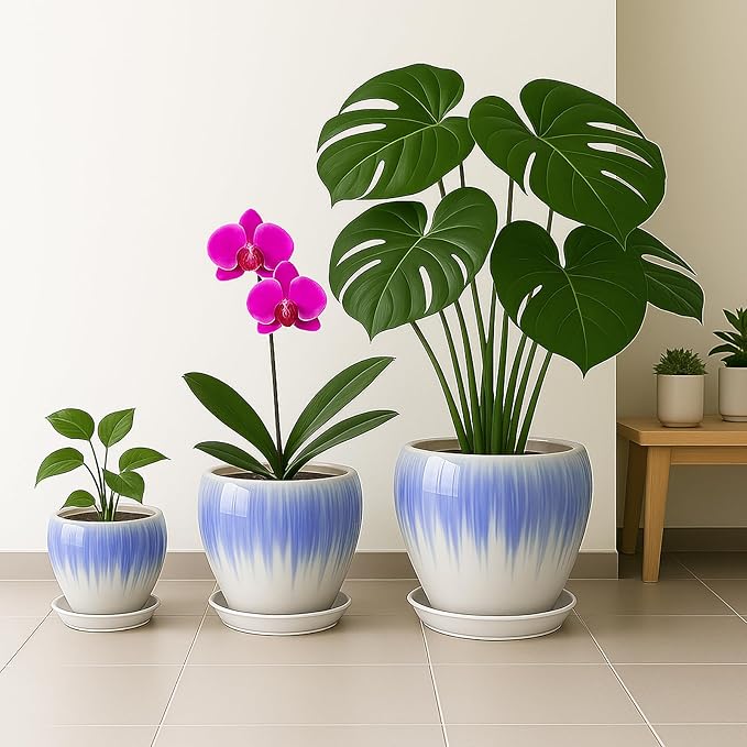 Deep Dream 10 Inch Plant Pot- Ceramic Planter Pot Round Plant Pots for Indoor Plants Outdoor Large Flower Pot with Drainage Holes & Trays, White&Blue