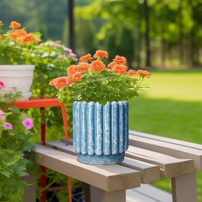 Ceramic Planter - 7.6 Inch Ceramic Plant Pots with Drainage Hole, Decorative Flower Pots for Indoor Outdoor, Fluted Round Planter, Room Home Decor, Plant Lover Gifts for Women, Blue