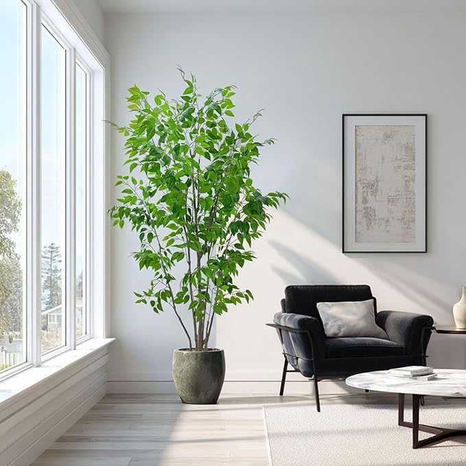 Artificial Ficus Tree with Green Leaves, 7ft Tall, Indoor Plant with Decorative Beige Planter