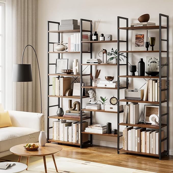 OTK Triple Wide 6 Tier Bookshelf, Rustic Industrial Style Bookcases with 14 Open Display Shelves, Wide Bookshelves for Bedroom, Living Room and Home Office, Rustic Brown