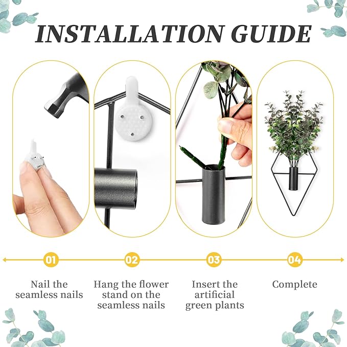 Wall Decor Hanging Planters with Artificial Plants, Modern Metal Wall Planter Set with Greenery Eucalyptus, Geometric Fake Plants for Black Decor Living Room Aesthetic (4 Pcs)