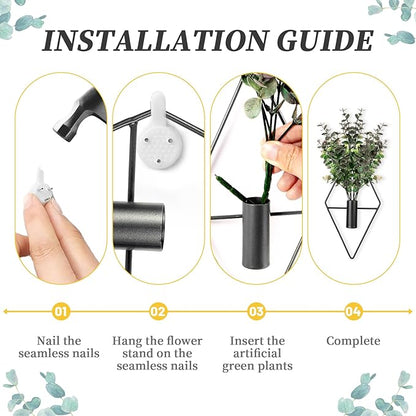 Wall Decor Hanging Planters with Artificial Plants, Modern Metal Wall Planter Set with Greenery Eucalyptus, Geometric Fake Plants for Black Decor Living Room Aesthetic (4 Pcs)