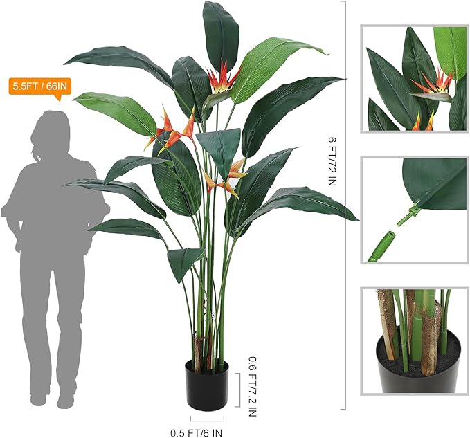 6ft Artificial Bird of Paradise Plant, Tall Faux Plants with 14 Faux Leaves and 3 Blooming Flowers, Artificial Plants Indoor with Black Nursery Pot for Home Decor Office Living Room 2 Pack