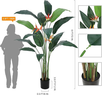 6ft Artificial Bird of Paradise Plant, Tall Faux Plants with 14 Faux Leaves and 3 Blooming Flowers, Artificial Plants Indoor with Black Nursery Pot for Home Decor Office Living Room 2 Pack