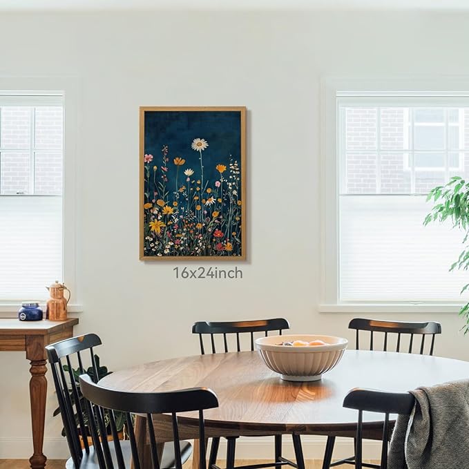 CAZLOUC Vintage Wildflower Wall Art, Colorful Botanical Flower Wall Decor, Rustic Dark Blue Floral Canvas Painting, Classic Minimalist Poster Print for Bedroom Office Wood Framed 16x24 Inch