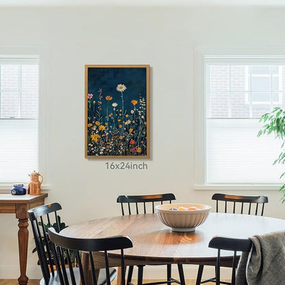 CAZLOUC Vintage Wildflower Wall Art, Colorful Botanical Flower Wall Decor, Rustic Dark Blue Floral Canvas Painting, Classic Minimalist Poster Print for Bedroom Office Wood Framed 16x24 Inch