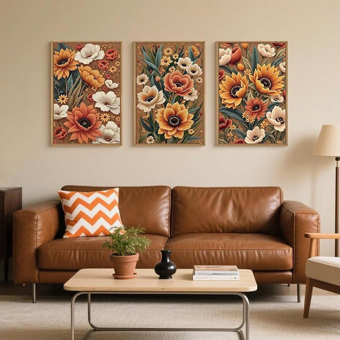 Large Boho Flower Botanical Framed Canvas Wall Art,Abstract Floral Wall Decor,Embroidery Plant Painting,Bloom Wildflower Artwork for Living Room,Bedroom,Dining Room,Office -16"x24"x3