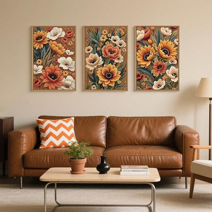 Large Boho Flower Botanical Framed Canvas Wall Art,Abstract Floral Wall Decor,Embroidery Plant Painting,Bloom Wildflower Artwork for Living Room,Bedroom,Dining Room,Office -16"x24"x3